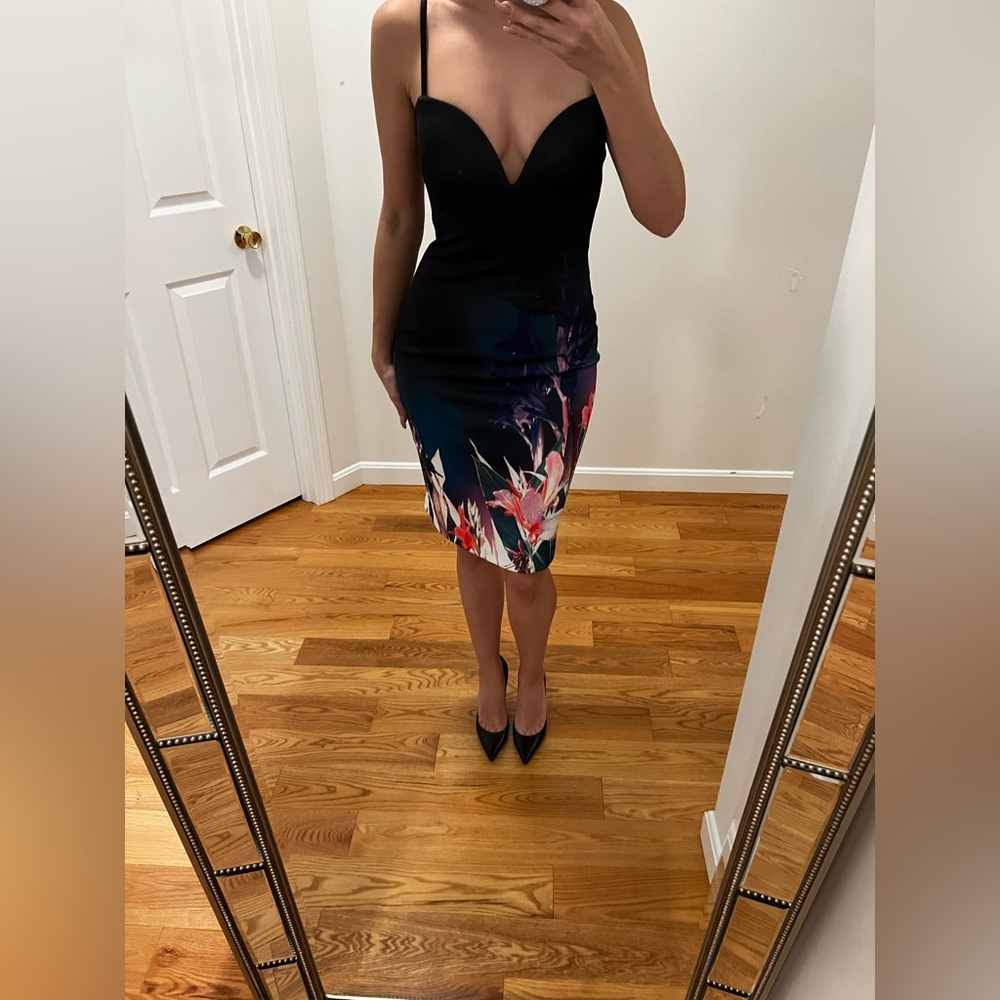 Bebe Black Floral Bodycon Dress | Deep V Neck Scuba Midi | Fitted - Picture 2 of 10
